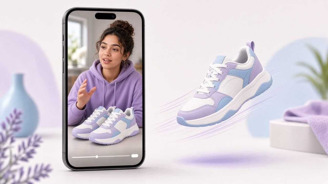 AI-generated UGC-style presenter holding an ecommerce product in a vertical video ad