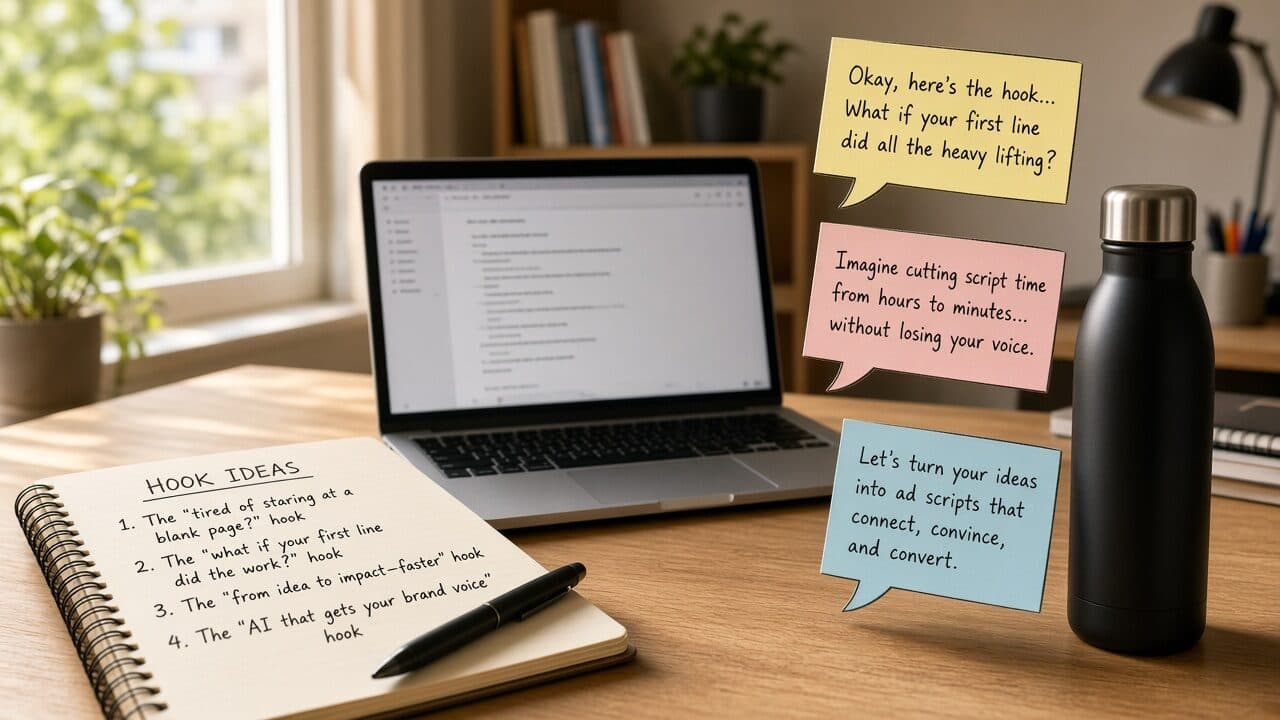 Script notes and a vertical product video preview on a phone screen