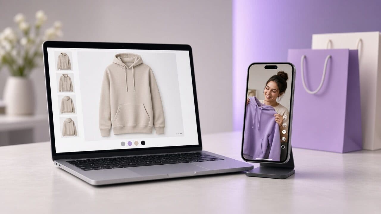 Shopify product page next to a vertical UGC-style video ad generated from it