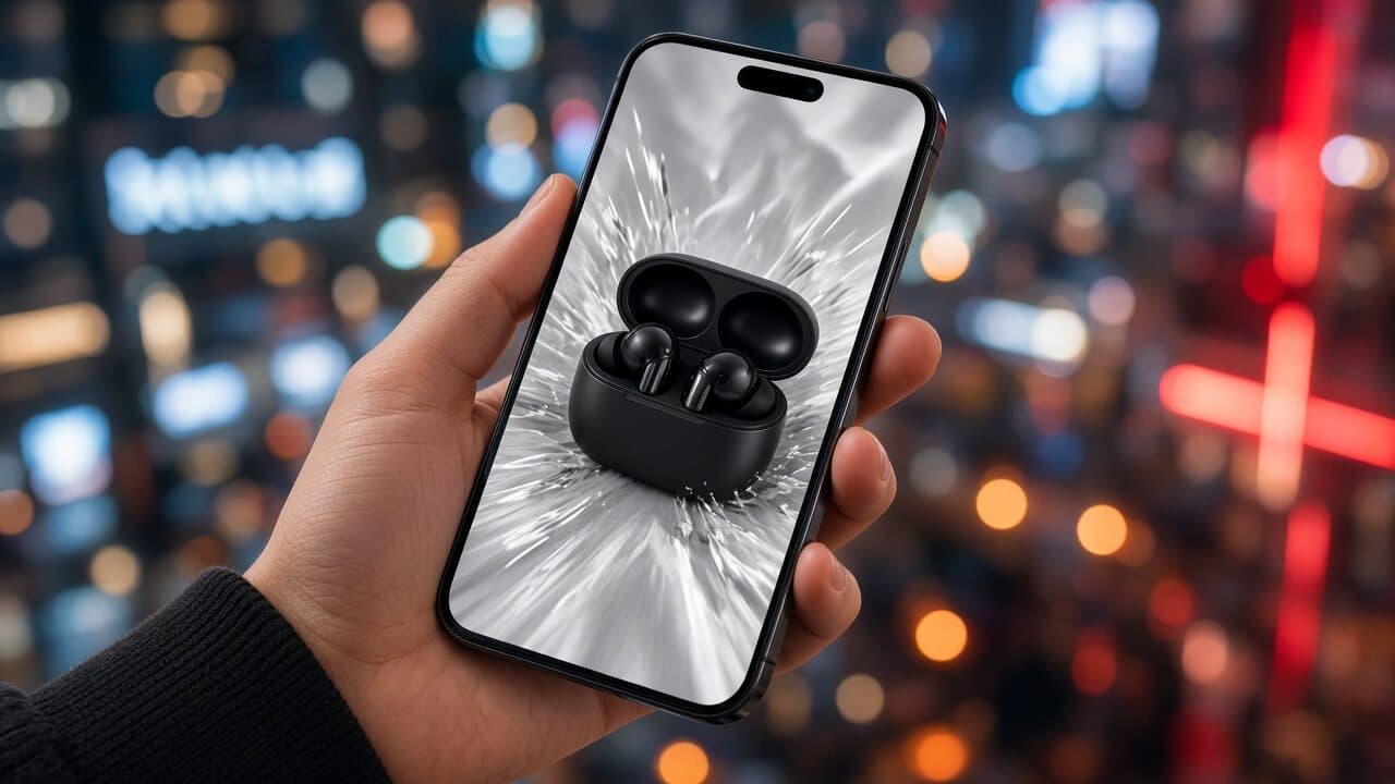 Phone showing a TikTok product ad with captions and a presenter holding the product
